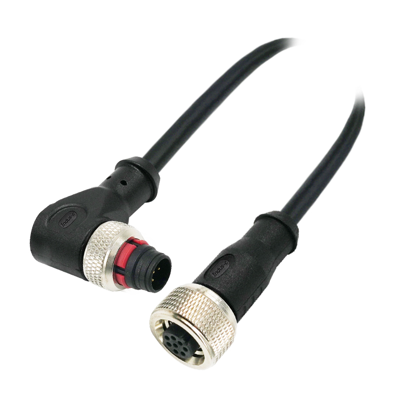 Push-pull m12 8pins A code male right angle to female straight molded cable,unshielded,PVC,-40°C~+105°C,22AWG 0.34mm²,brass with nickel plated screw